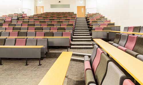 An empty lecture theatre at Alliance Manchester Business School
