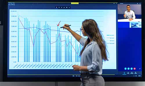 A woman working on a graph via a touchscreen