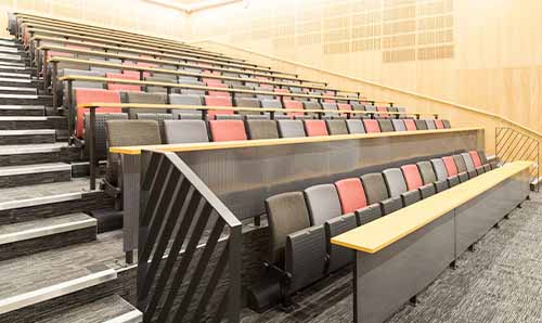 An empty lecture theatre at Alliance Manchester Business School
