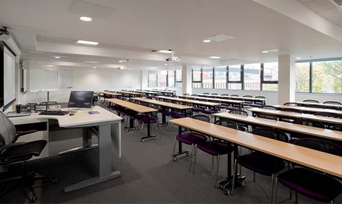 An empty classroom in Alliance Manchester Business School